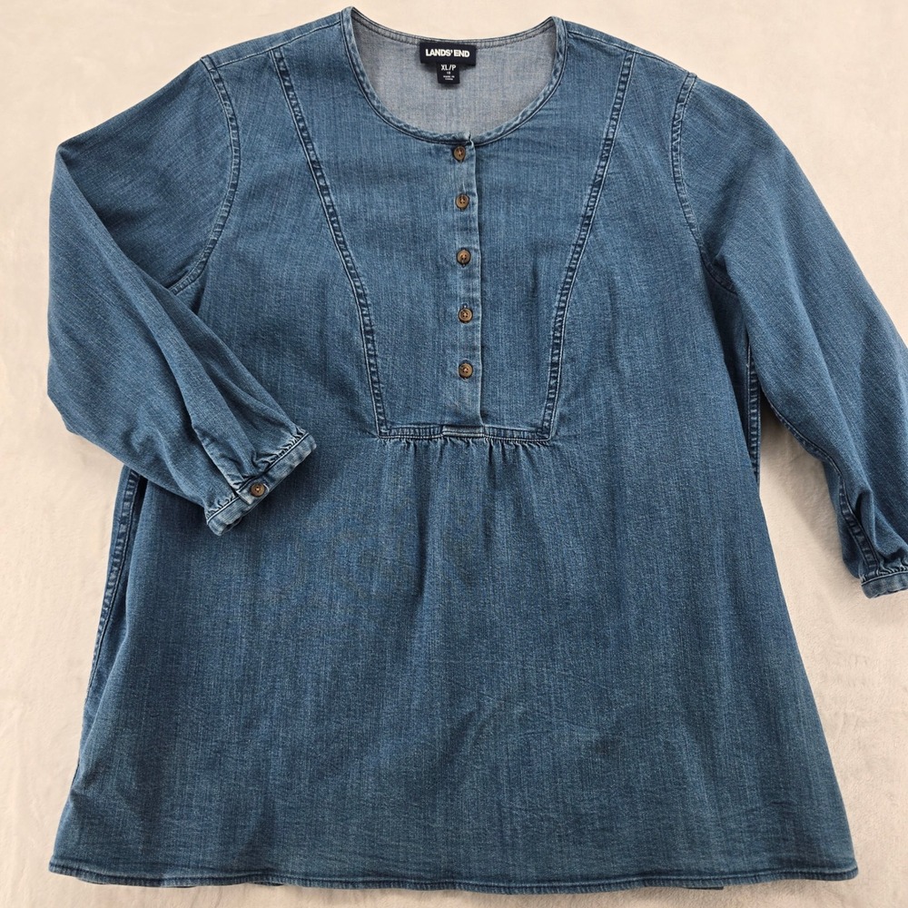 Lands' End Tunic Womens XL/P Tunic Blue Denim Henley Neck Long Sleeve 6894